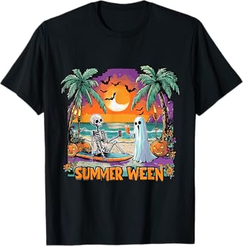 Summerween Skeleton Ghost Beach Party Halloween Vibes T-Shirt