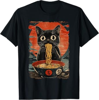 Black Cat Eating Ramen Vintage T-Shirt