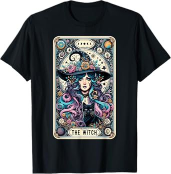 The Witch Cat Tarot Card Witch Vintage Gothic Halloween T-Shirt for Men Women Kids