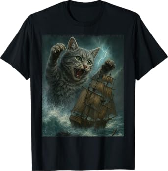 Giant Cat as Kraken Sea Monster Attack Pirate Ship in Ocean T-Shirt for Men Women Kids
