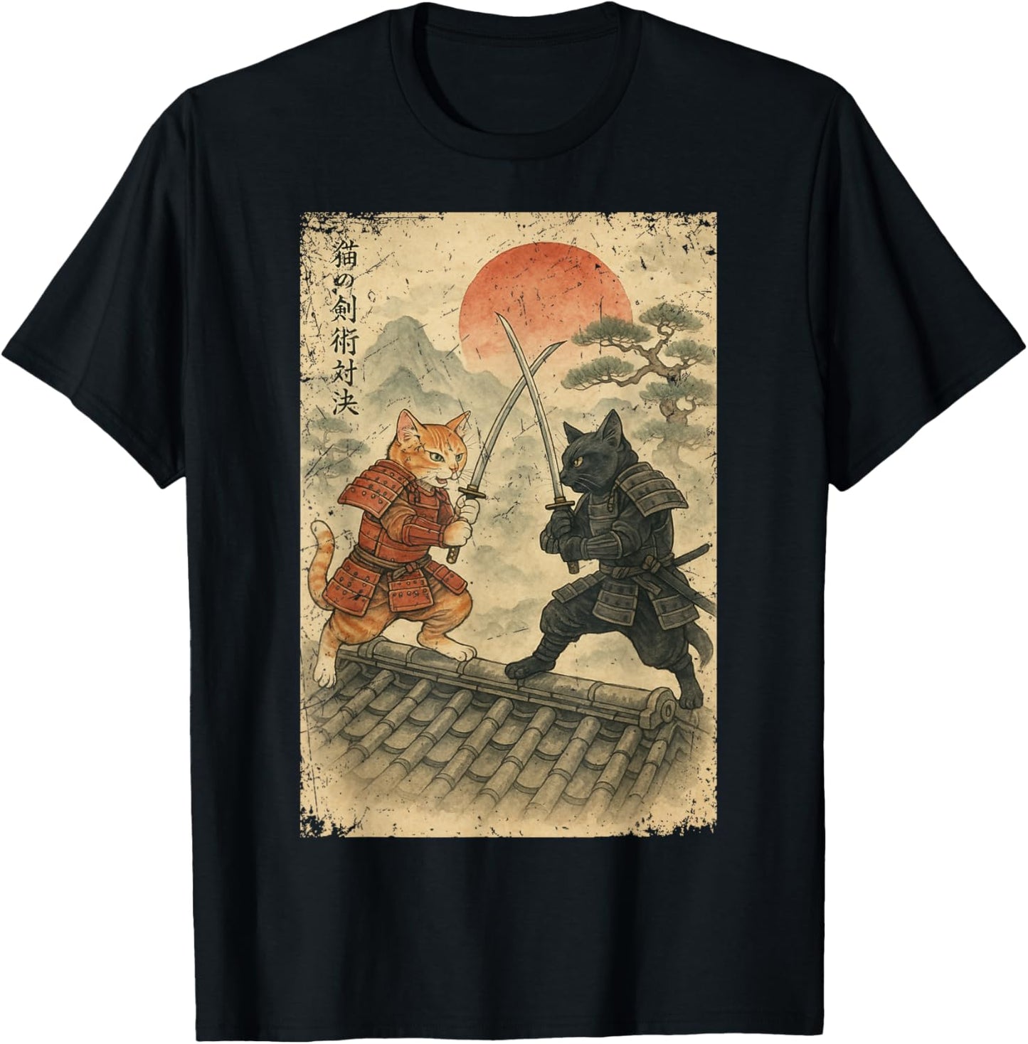 Samurai Cats Fighting Vintage Japanese Ukiyo-e Funny Cat T-Shirt