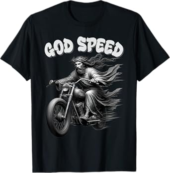 God speed Jesus on a Motorcycle Christian humour tee T-Shirt