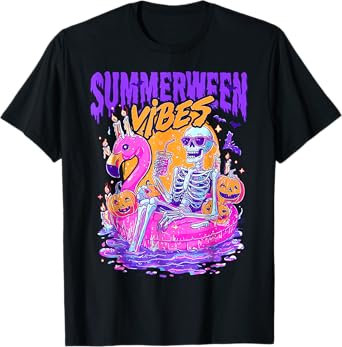 Summerween Vibes Spooky Skeleton Flamingo Pool Halloween T-Shirt