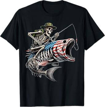 Fishing American Flag Bass Fish Skull Skeleton Fisherman T-Shirt