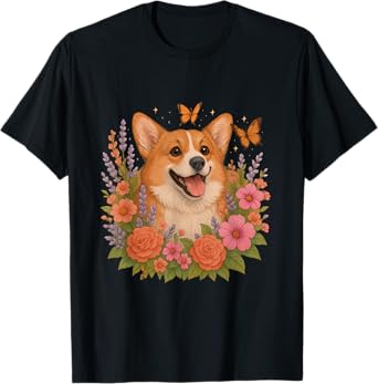 Cute Corgi Flower Retro Corgi Mom Floral T-Shirt