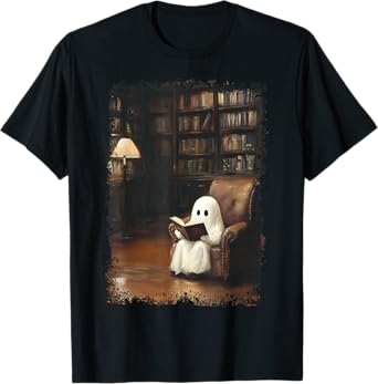Funny Ghost Book Reading Books Lover Teacher Happy Halloween T-Shirt