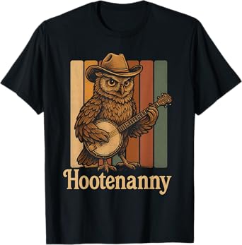 Hootenanny Owl Playing Banjo Country Owl Retro Guitar Music T-Shirt