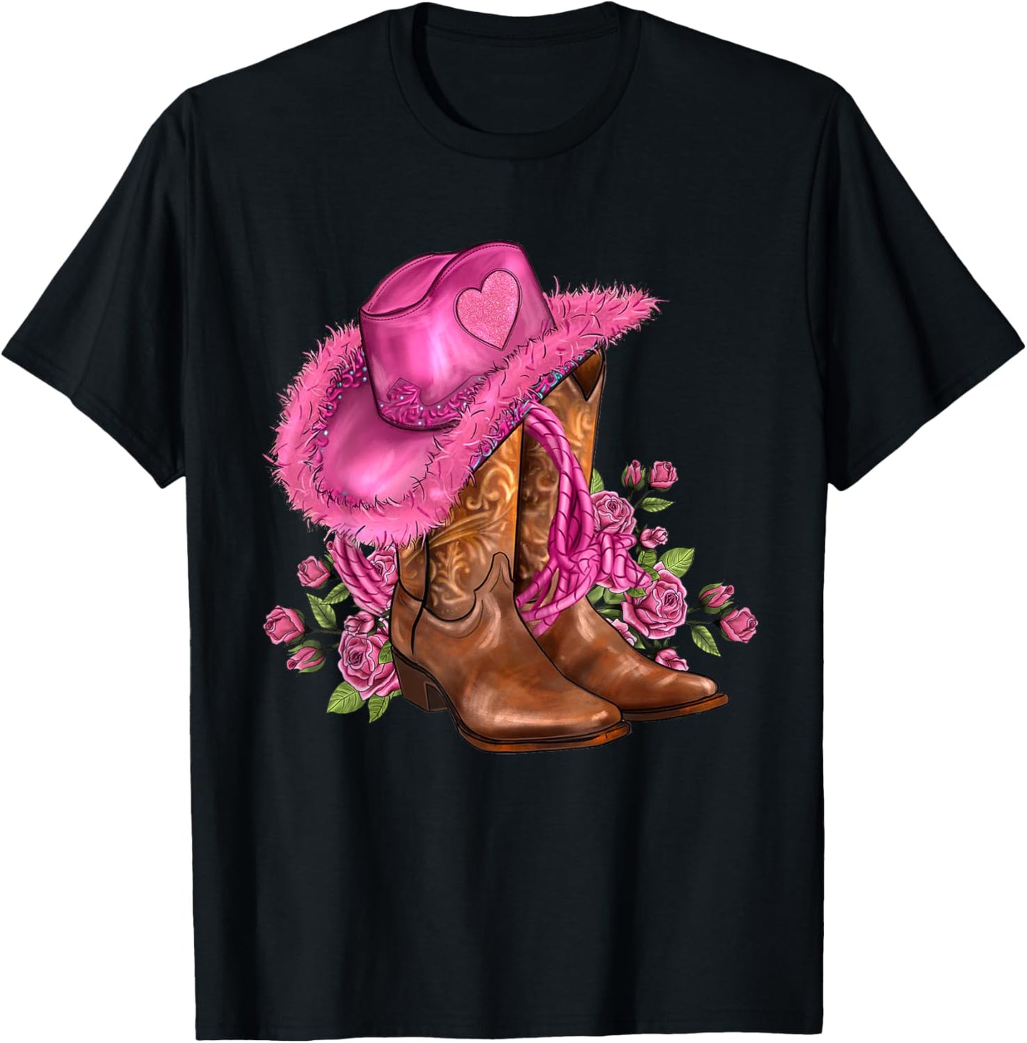 Western Cowboy Boots Cowgirl Hat And Roses Women Girl T-Shirt