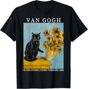 Van Gogh Black Cat With Sunflowers Funny Cat Meme Men Women Kids T-Shirt