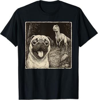 Dog Pug Selfie With T-Rex Dinosaur Funny T-Shirt for Men Women Kids