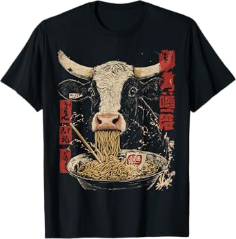 Japanese Art Cow Farm Animal Eating Ramen T-Shirt
