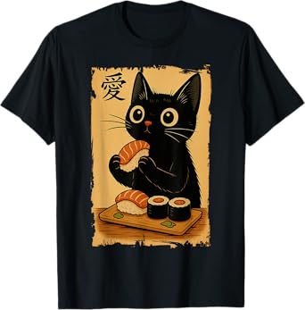 Cute Kawaii Black Cat Eating Sushi Funny Japanese Black Cat T-Shirt