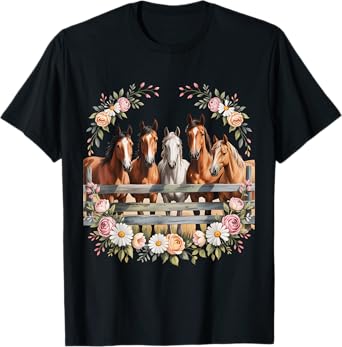Wild Floral Horses For Men Women Kids Horse Lover T-Shirt