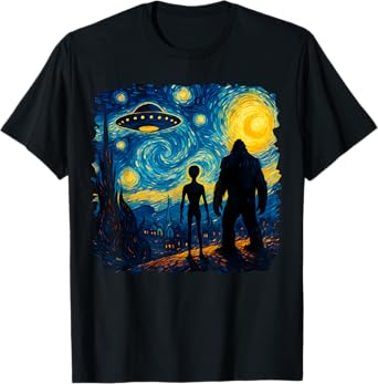 Bigfoot Alien UFO Van Gogh Starry Night Sasquatch Graphic T-Shirt
