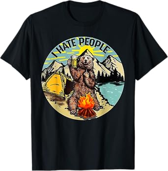 I Hate People Camping Bear Drinking Beer Vintage Funny T-Shirt