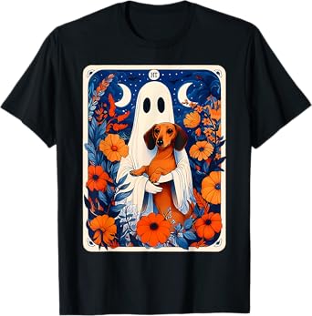 Ghost Holding Dachshund Spooky Tarot Card Fall Halloween T-Shirt