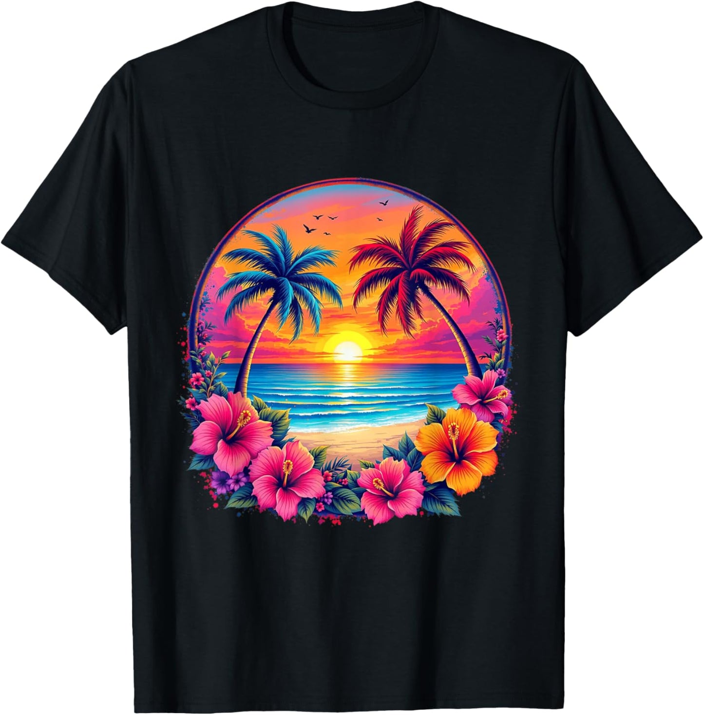 Retro Sunset Beach Tropical Floral Summer Vibes Coastal T-Shirt