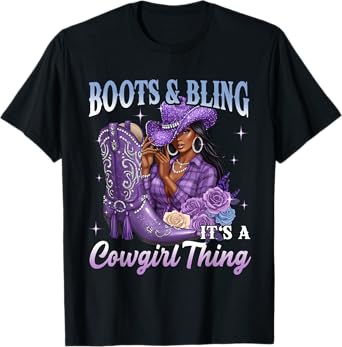 Boots and Bling Itโs a Cowgirl Thing Purple Western Melanin T-Shirt