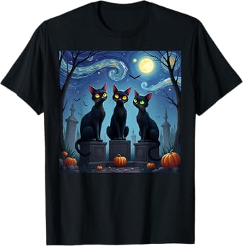 Black Cat Halloween Cat Lovers Starry Night Cat Van Gogh men T-Shirt