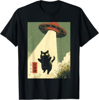 Vintage Japanese Cat Alien Cat Dad UFO Abduction Graphic Tee T-Shirt