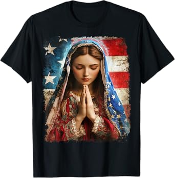 US Flag American The Virgin Mary Religious Christian T-Shirt