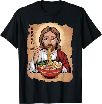 Cute Jesus Eating Ramen Noodles Ocean Waves Japanese Art T-Shirt