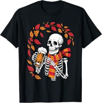Funny Oktoberfest Skeleton Drinking Beer Retro Halloween T-Shirt