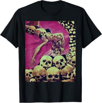 Pin Up Girl in a Bed of Skulls Sci Fi Sexy Horror Comic Book T-Shirt