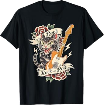 Rock and Roll Guitar Vintage Classic Tattoo Style Rock Cat T-Shirt