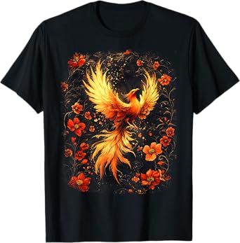 Gothic Phoenix Rose Enchanted, Vintage Floral Mythical Bird T-Shirt