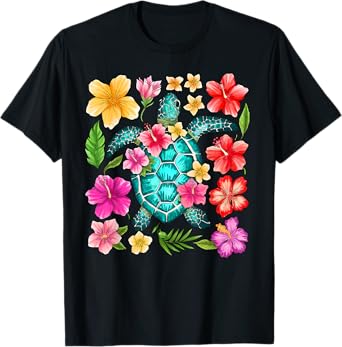 Tropical Flowers Sea Turtle Hawaii Beach Summer Vacation T-Shirt