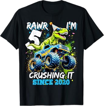 5th Birthday Monster Truck Dinosaur Party Boys Rawr I'm 5 T-Shirt