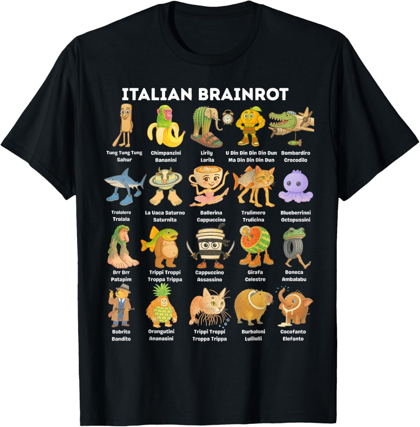 Types of Italian Brainrot Meme Character Hand Drawn for Kids T-Shirt