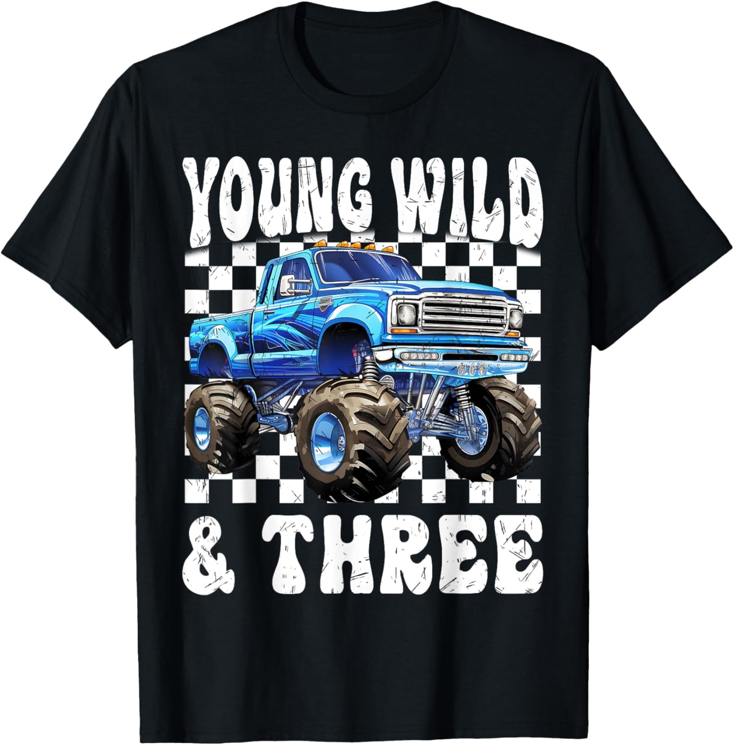 3 Years Old Kids Young Wild & Three Monster Truck Birthday T-Shirt
