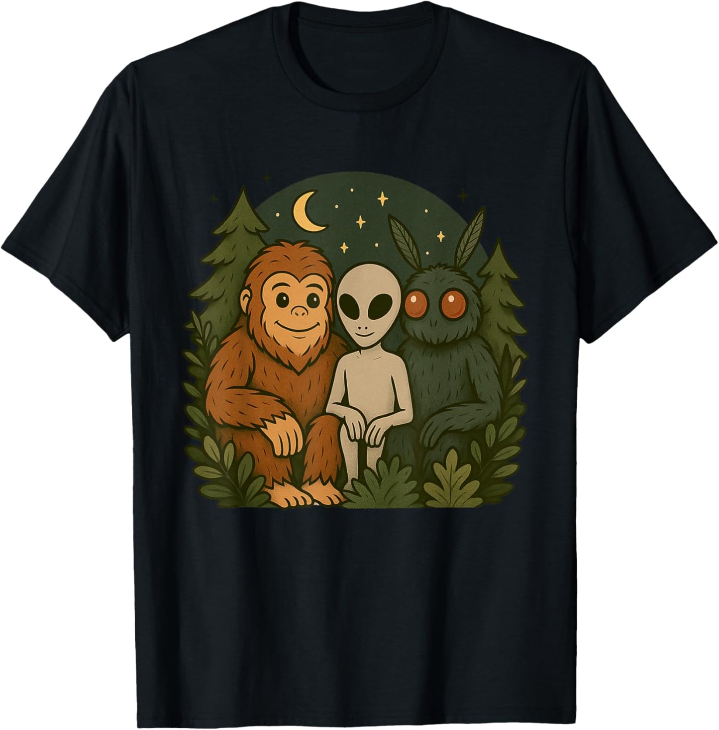 Whimsical Cute Mothman Bigfoot And Alien Funny Cryptid Art T-Shirt