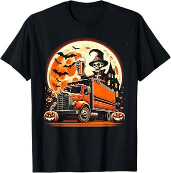 Funny Skeleton Drinking Beer On Truck Pumpkins Halloween T-Shirt