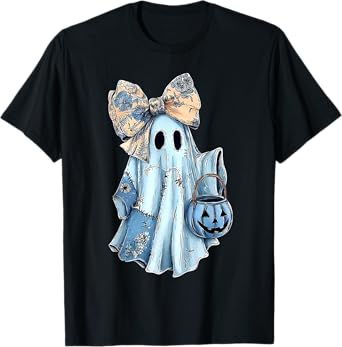 Girly Halloween Blue Denim Ghost Preppy Ghost Bow T-Shirt