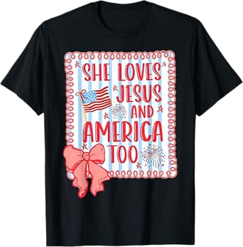 She loves Jesus and America too faith flag fireworks bow T-Shirt