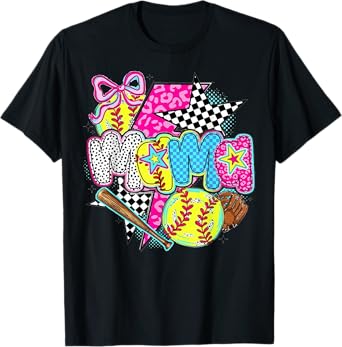 Softball Mama Game Day Leopard Checkered Mom Retro T-Shirt