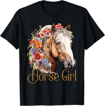 Horse Girl with Beautiful Flowers Portrait Horses Animal T-Shirt