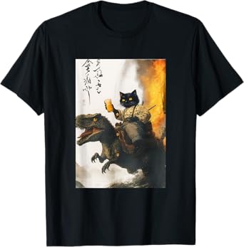 Samurai cat riding dinosaur with beer absurd warrior vibes T-Shirt