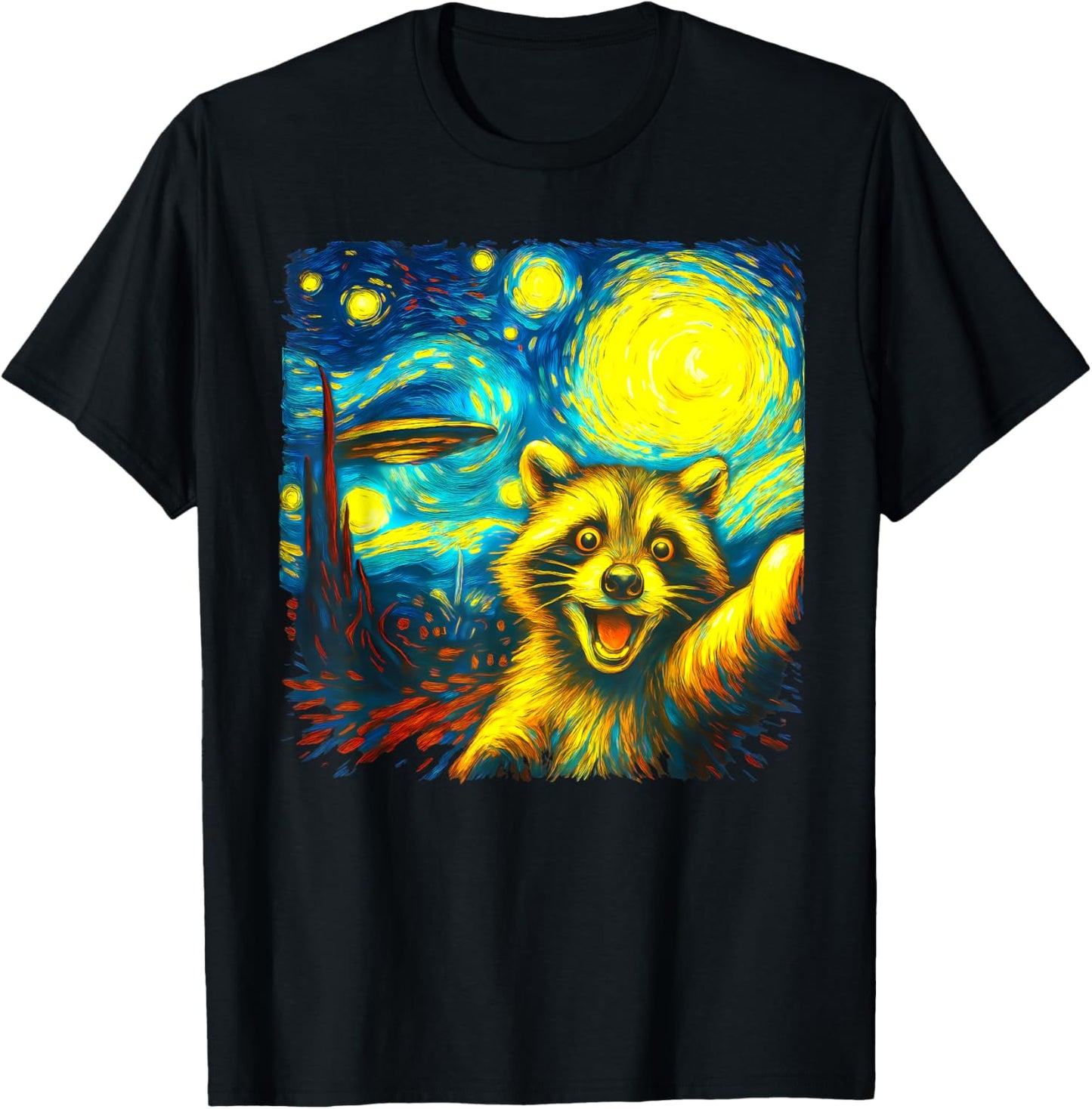 Raccoon Selfie With Alien Ufo Funny Starry Night Van Gogh T-shirt