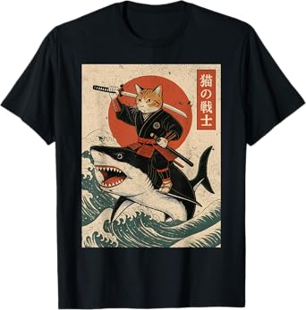 Vintage Anime Cat Japanese Funny Samurai Cat Riding Shark T-Shirt for Men Women Kids