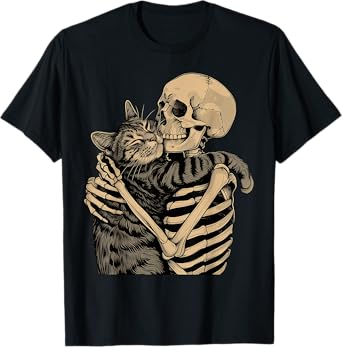 Skeleton Hugging Cat Halloween Cat Lover Cat Mom Dad T-Shirt