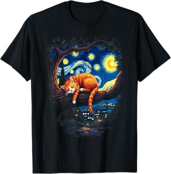Van Gogh Starry Night Funny Cat Moonlit Scene Cat Lovers T-Shirt