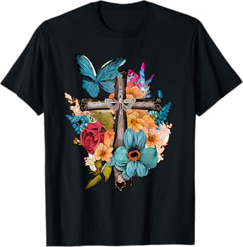 Jesus Cross Butterfly Flower Christian Faith Motivation T-Shirt