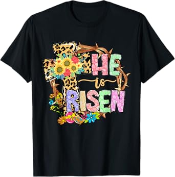He Is Risen Floral Jesus Easter Day Christians Leopard Cross T-Shirt