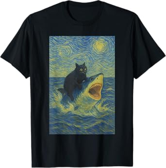 Funny Cat and Shark Cat Biting Shark Humorous Playful Gift T-Shirt for Men Women Kids