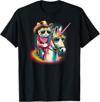 Whimsical Wear Cowboy Cat Riding Unicorn Fun T-Shirt