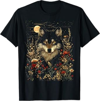 Black Wolf Full Moon Boho Floral Mystical Graphic Women T-Shirt
